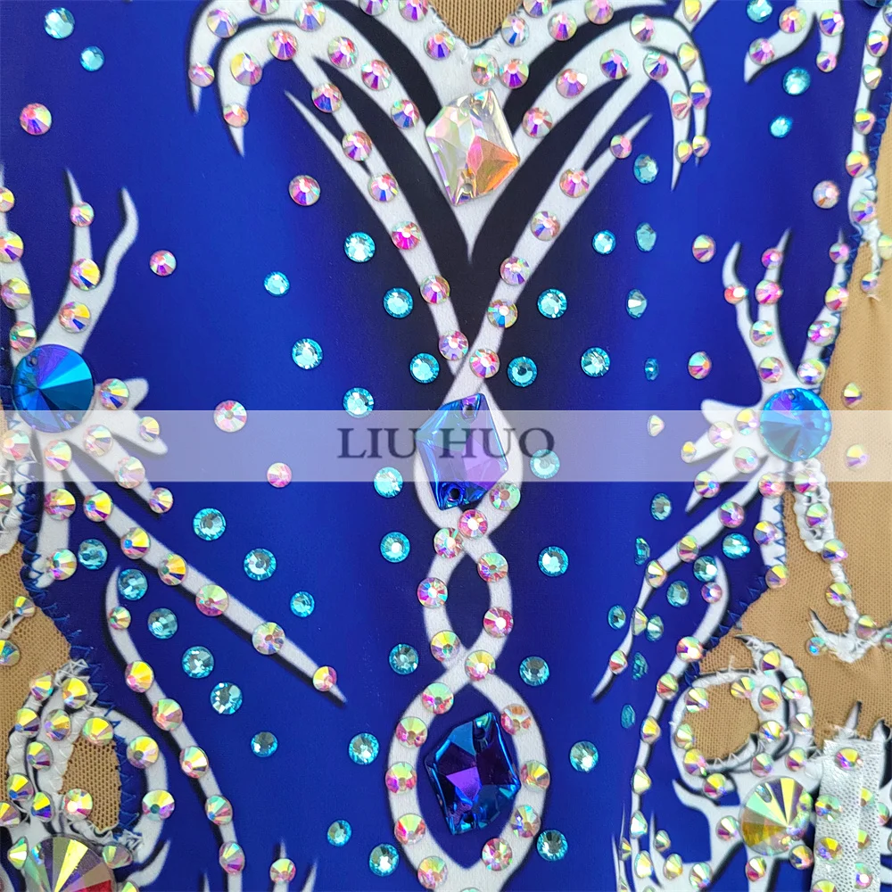 LIUHUO Rhythmic Gymnastics Leotard Aerobics Adult Women Girl Costume Performance Competition Dance Dress Blue Sleeveless Teens