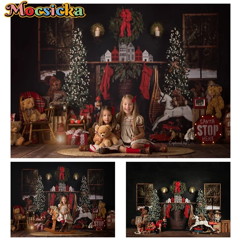 

Mocsicka Christmas Decoration Photography Background Xmas Trees Retro Fireplace Toy Bear Horse Gifts Backdrops Studio Photozone