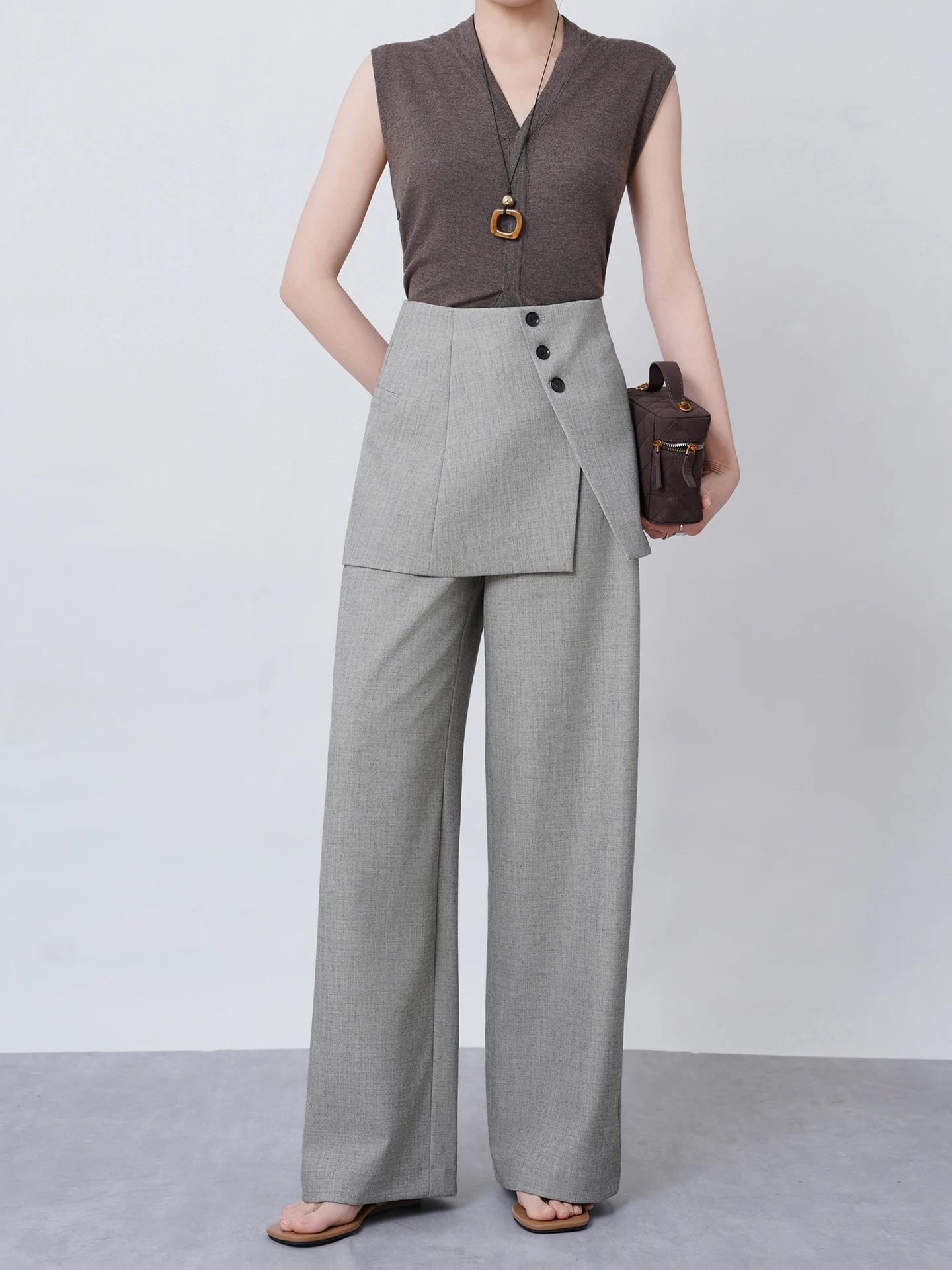 

Женские широкие брюки с высокой талией, повседневные, для офиса, на пуговицах, из полиэстера, CHICCUT