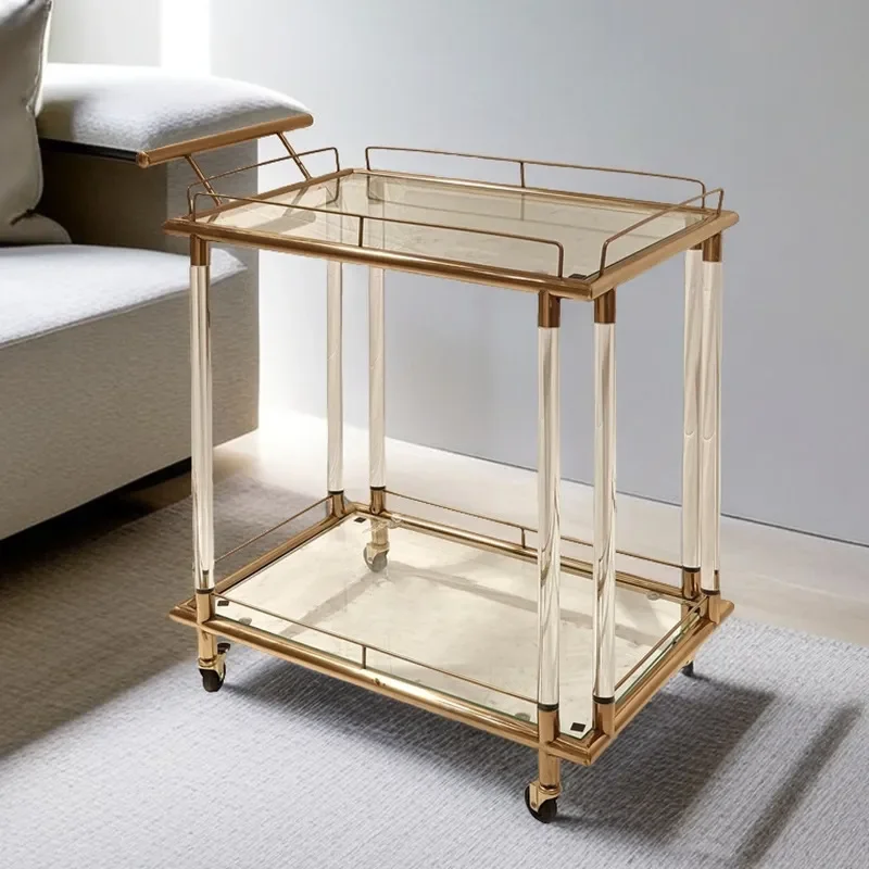 Modern Stainless Steel Serving Trolley with Tempered Glass Shelves Luxury Mobile Bar Cart for Hotel Restaurant Wine and Tea