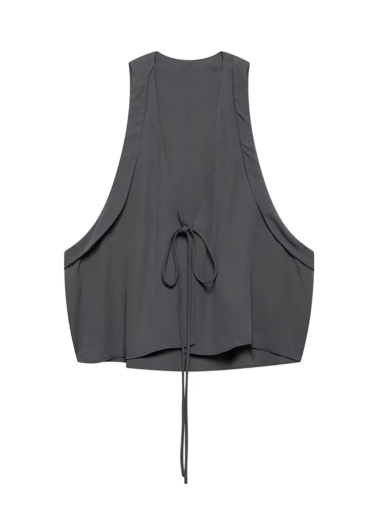 

SIYANG Women Fashion Dark Grey Bow Lace Up Tank Tops Vintage V-Neck Sleeveless Female Chic Lady Top