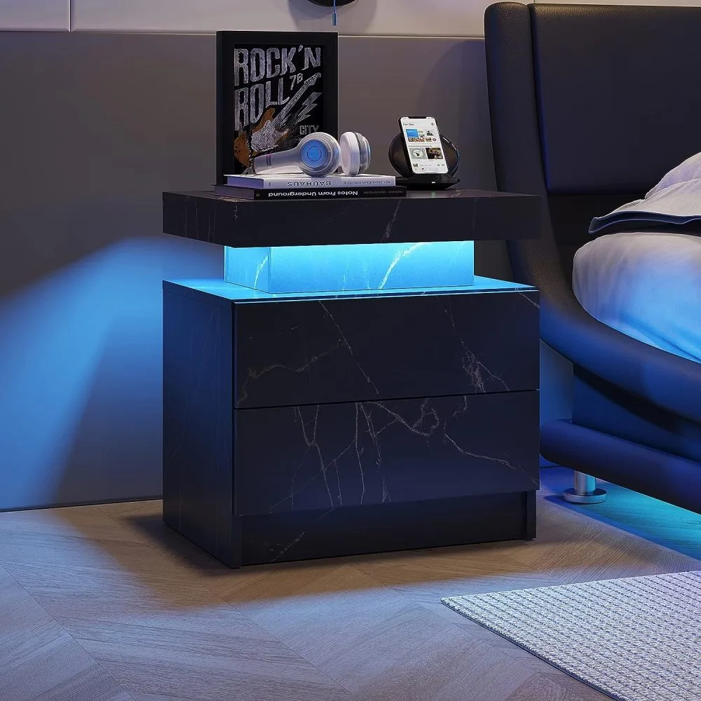 LED Nightstands, Bedroom Furniture with Changing RGB Light & Remote for Bedroom and Living Room, Bedside Table with 2 Drawers,