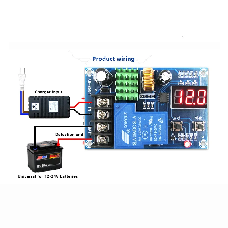 Módulo controlador de carregador de bateria de 6V a 60V com placa de relé protetora de comutação automática