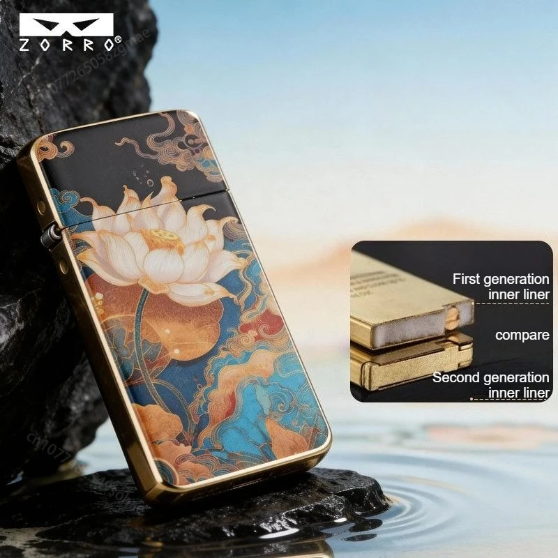 

ZORRO ultra-thin 3D color printed kerosine lighter, Dunhuang style pattern carved body, high-end retro grinding wheel lighter