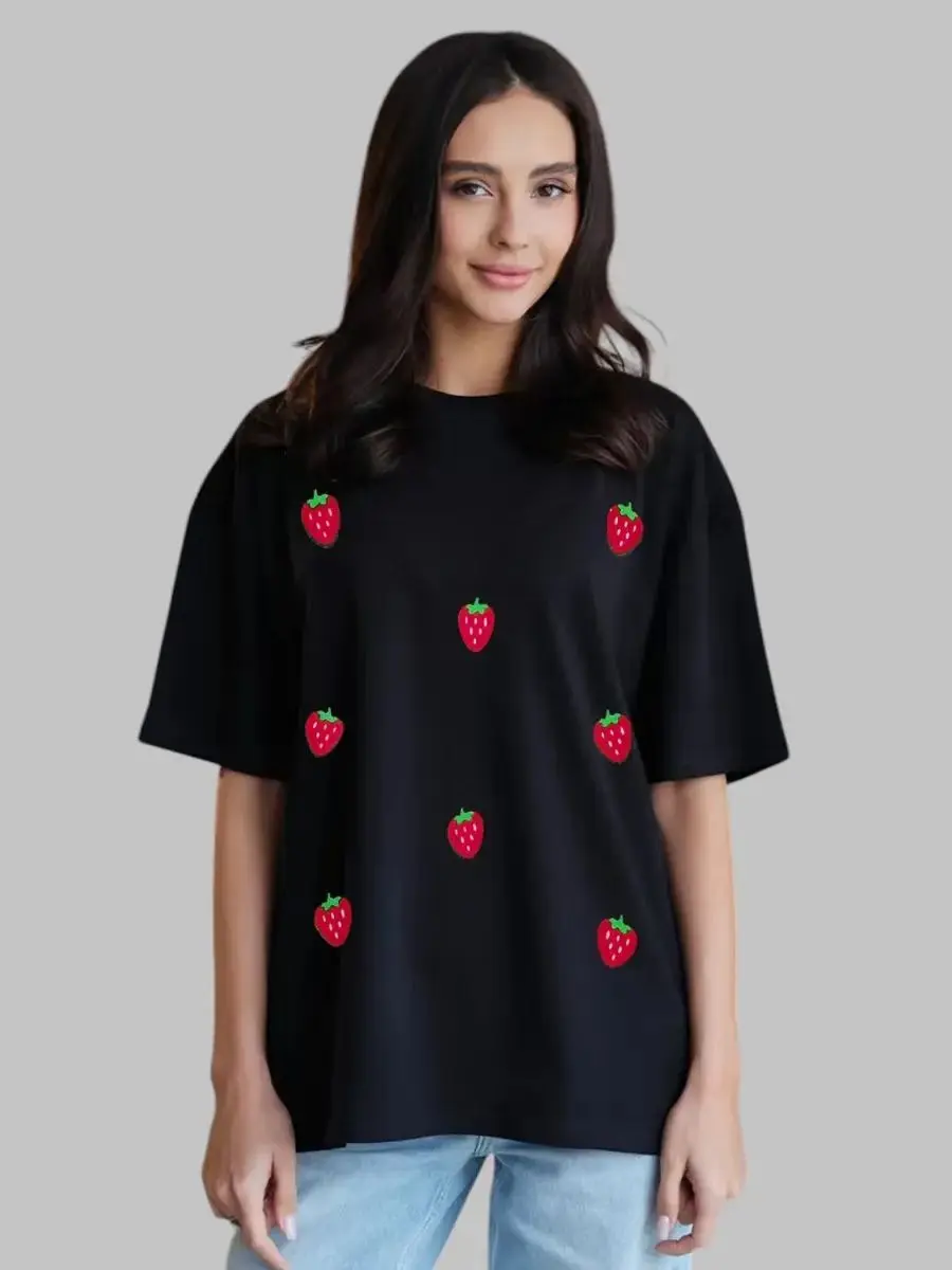 

White Strawberry Print American Retro Cotton Short Sleeve Oversized T Shirt Women Summer Streetwear Korean Loose Graphic T Shirt