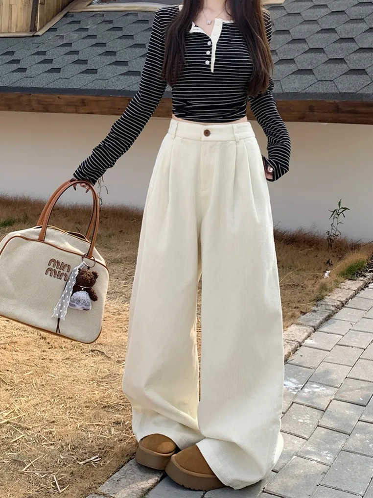 

Женские осенне-зимние вельветовые широкие брюки, женские повседневные свободные прямые брюки полной длины с высокой талией