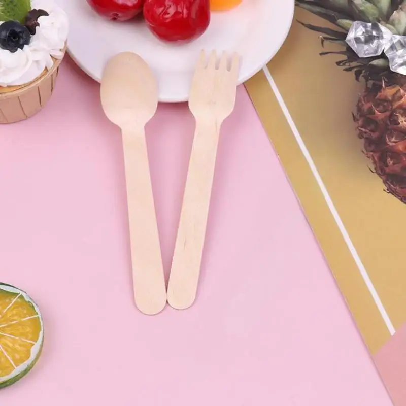 50pcs 14cm Disposable Wooden Spoon Fork Set For Party Wedding Cake Tasting Batch Practical Tableware Party Peripherals