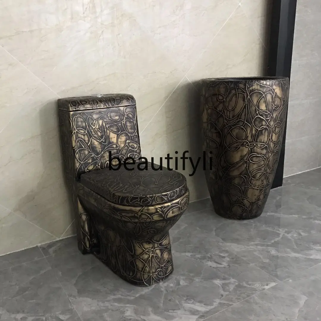 Boutique high-end wood grain toilet, siphon type one-piece antique toilet, ceramic, marble pattern