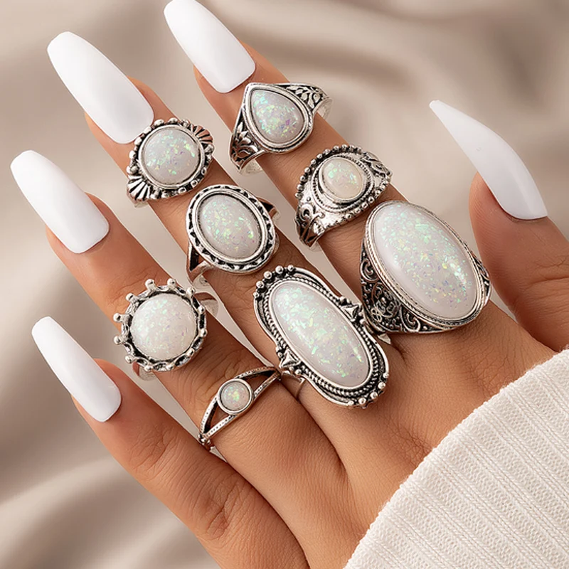 Tocona Vintage Antique Silver Color Rings Sets Colorful Opal Crystal Stone Carve for Women Men Bohemian Jewelry Anillos 6421
