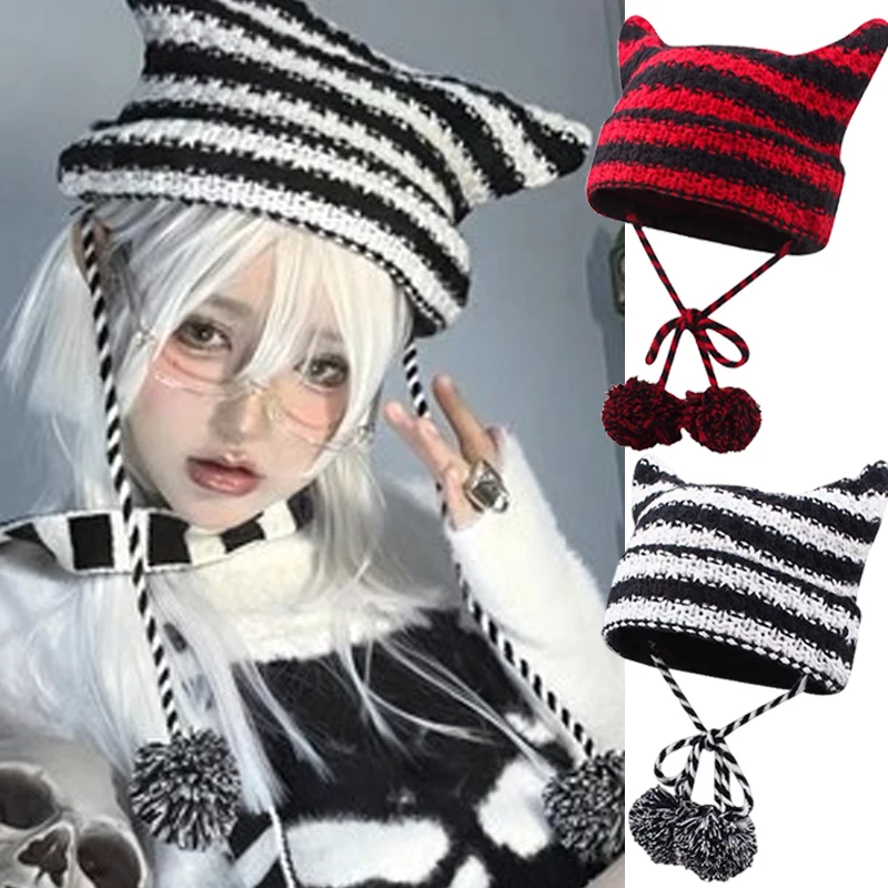 

Y2K Punk Japanese Beanie Hat Autumn Winter Harajuku Knitted Cute Cat Ears Hat Gothic Little Devil Kawaii Soft Casual Wool Caps