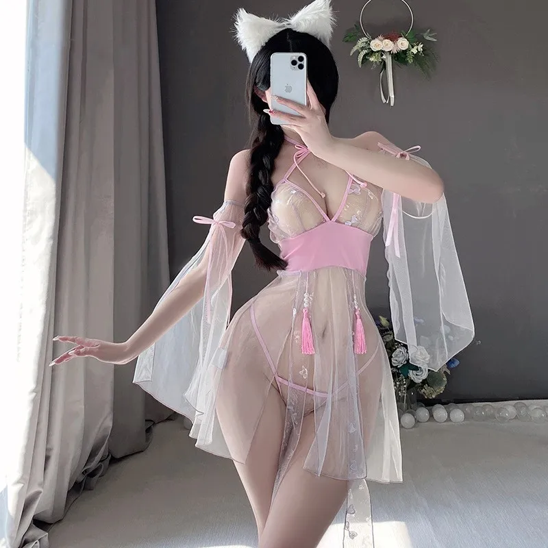 Pink Bride Wedding Dress Costume Women Sexy Cosplay Lingerie Open Bra See Through Bodysuit with Nipple Cover Headband Set