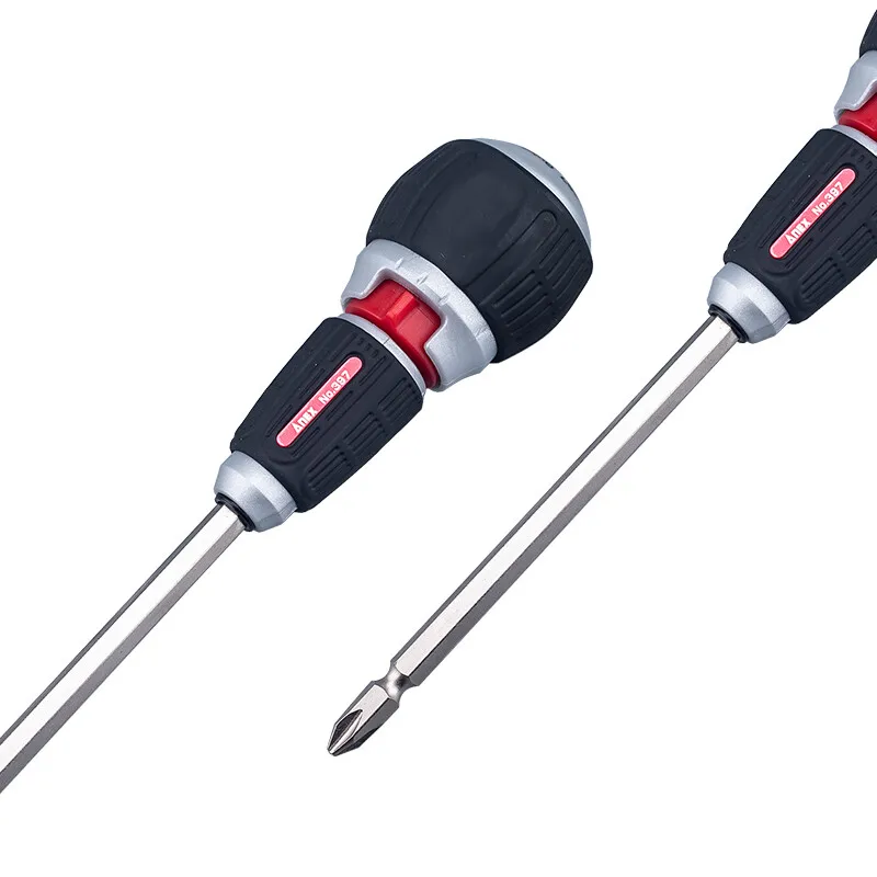 ANEX Ratchet Screwdriver 72 Gears, Ball Handle, Magnetic Driver Bit (Phillips Slot +2, Flat Head 6), Made in Japan