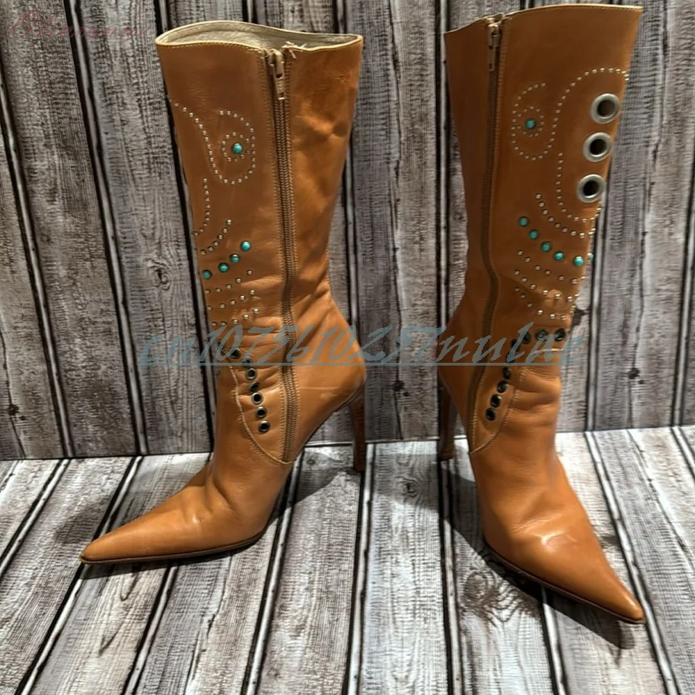 Brown Crystal Decor Hollow Round Rings Mid Calf Boots Retro Stiletto High Heel Party Sexy Women Shoes 2026 Zapatos Para Mujere