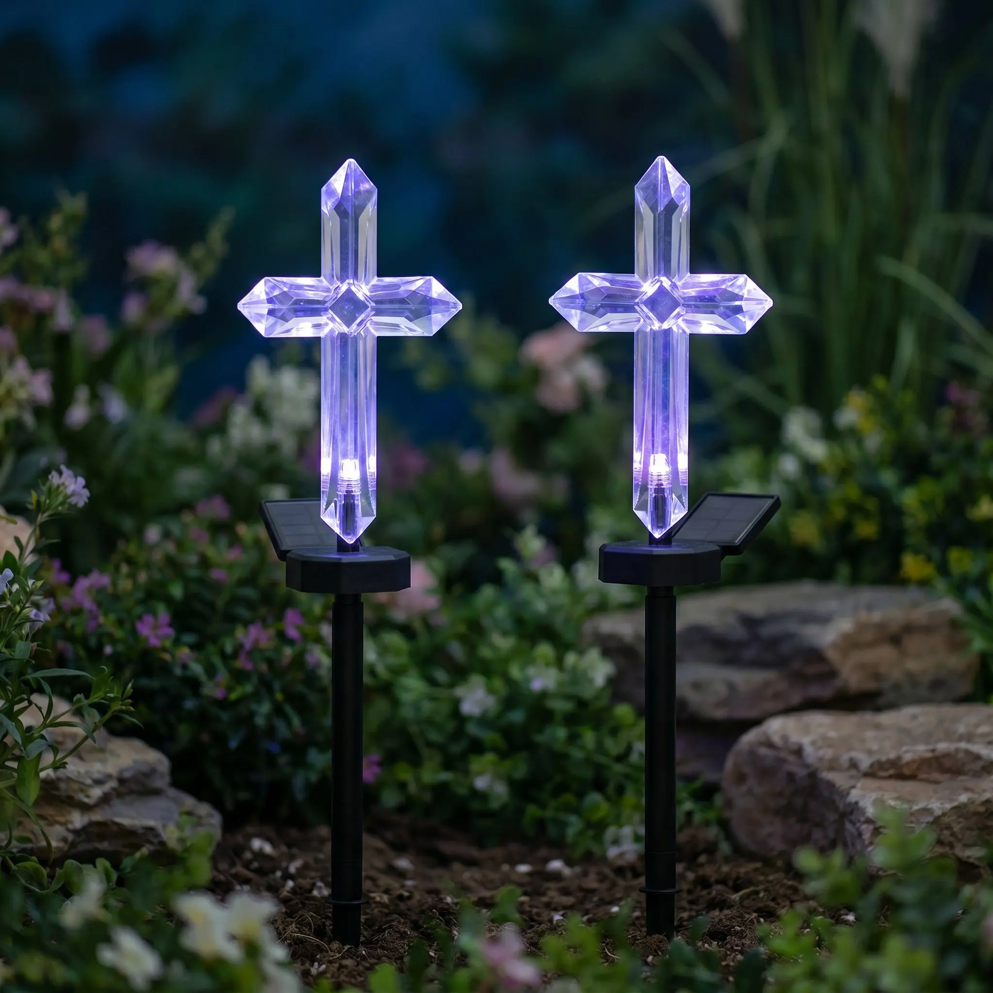 2pcs Cemetery Cross Led Light solar-powered Lamp Decorative Stakes Outdoor Waterproof Memorial Cross Garden Lamp Decoration