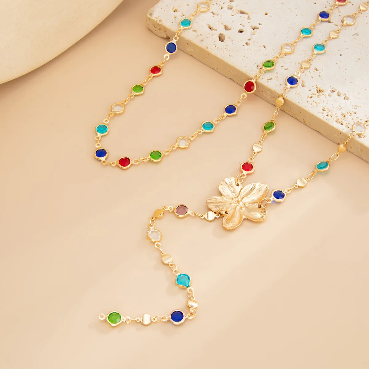 High Quality Colorful Crystal Y Necklace Small Floral Pendant Beach Vacation Boho Style for Women Everyday Elegant