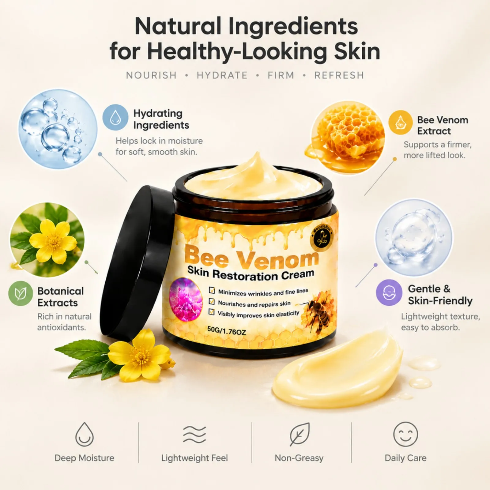 50g Bee Venom Skin Restoration Cream Firming Lifting Moisturizing Face Cream Gentle Non-Sticky Daily Skincare for All Skin Types