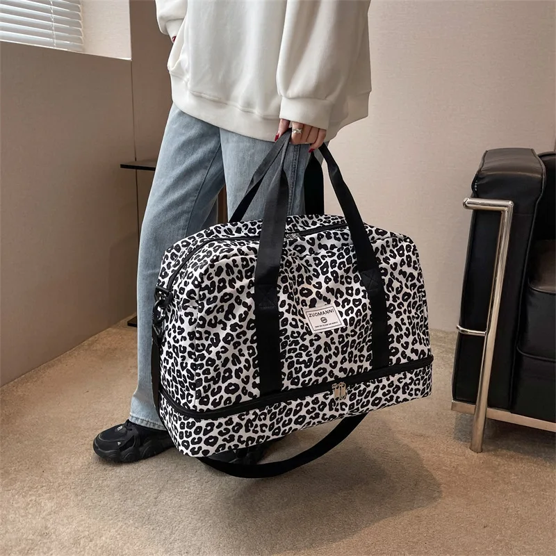 Trendy Zebra Print Waterproof Duffel Detachable Strap Shoe Pocket Gym Bag for Women Short Overnight Travel Weekend Sports Trip view 4