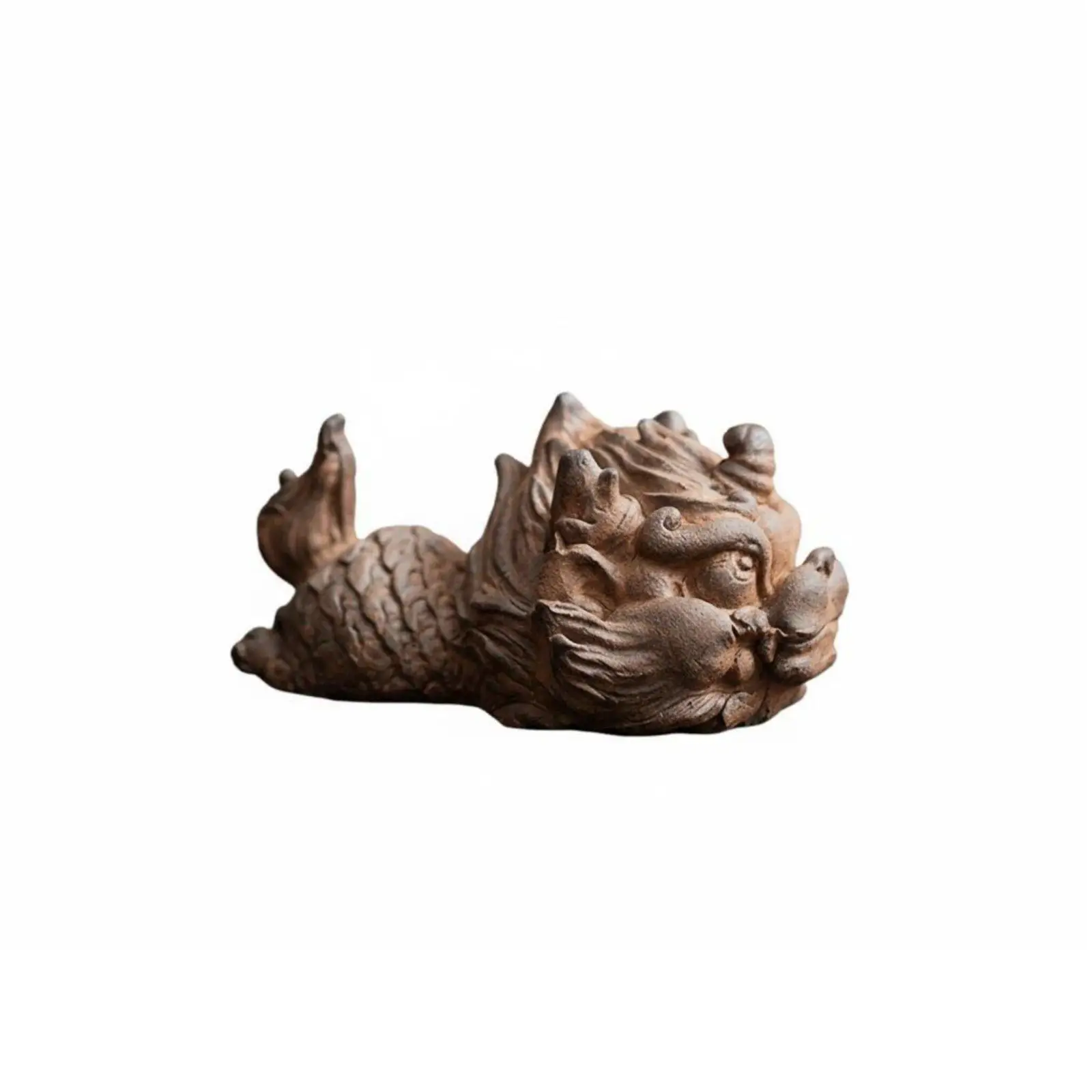 Auspicious Qilin Clay Figurine for Tea Ceremony Decor with Rock Mud Body Patina Effect Tabletop Art Dog Figure Style