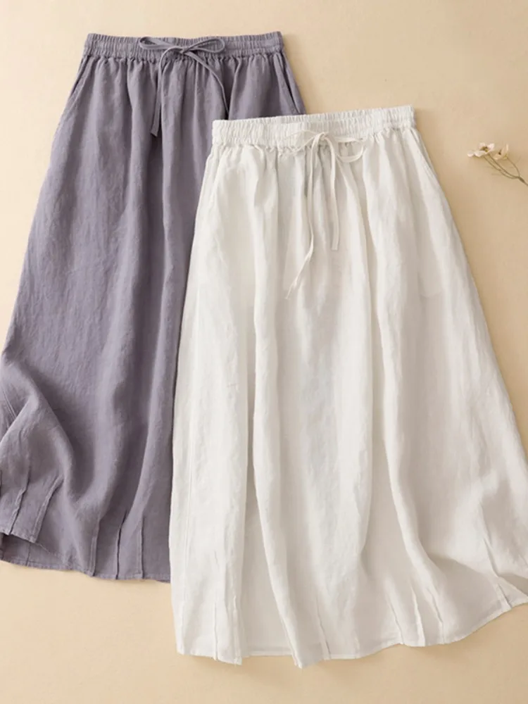 White Cotton Linen A-Line Midi Skirt Women's Summer Elastic Waist Slimming Casual Mid-Length Umbrella Skirt Commute Style