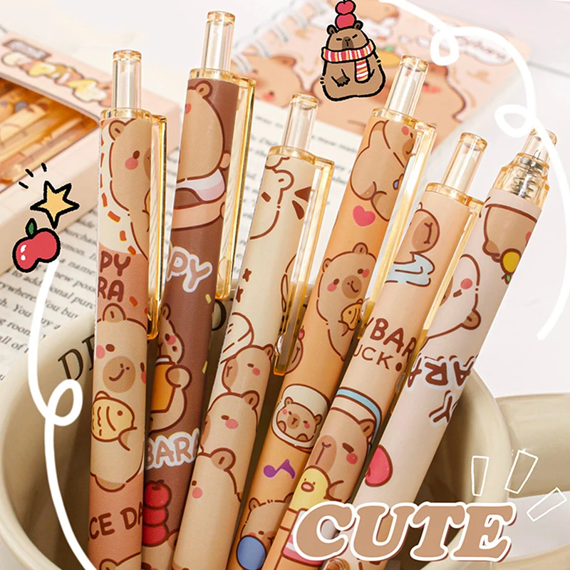 6Pcs Cute Capybara Pressing Gel Pens Kawaii Black Ink Pen Set School Supplies Cartoon Capybara Neutral Pen Aesthetic Stationery