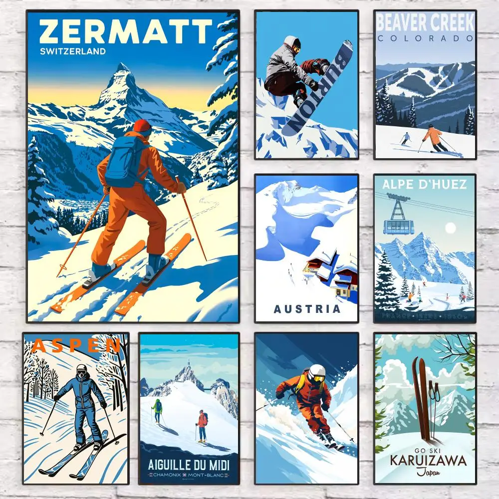 

Retro Zermatt Chamonix Skiing Art Poster Wall Art Sticky for Living Room Bedroom Office Hallway Bar Home Decor Gift Idea