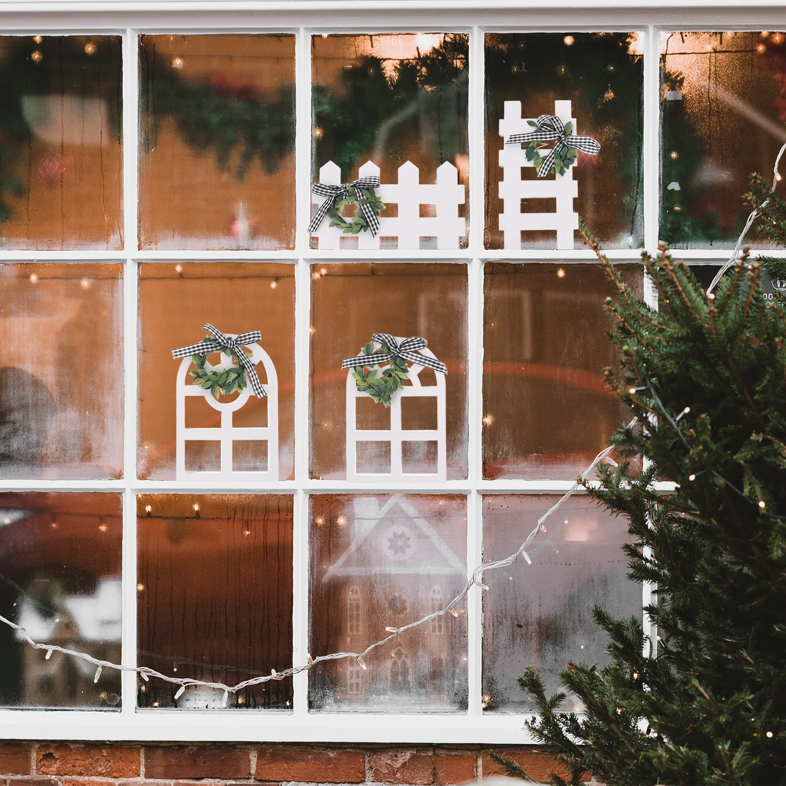 

4Pcs Christmas Window Hanging Decorations Wooden Arch Farmhouse Door Wreath Fence Design Rustic Wood Window Signs for Home Wall