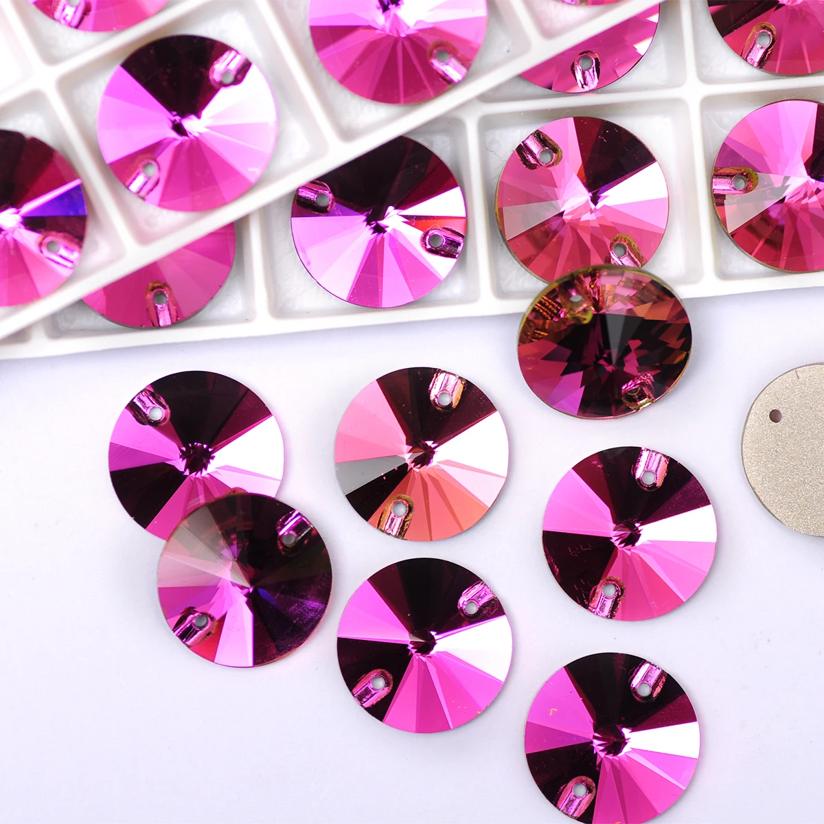 Fuchsia Sew On Rhinestones Round Rivoli Crystal Flatback Glass Sew On Rhinestone Sewing Strass For DIY Clothes Garment