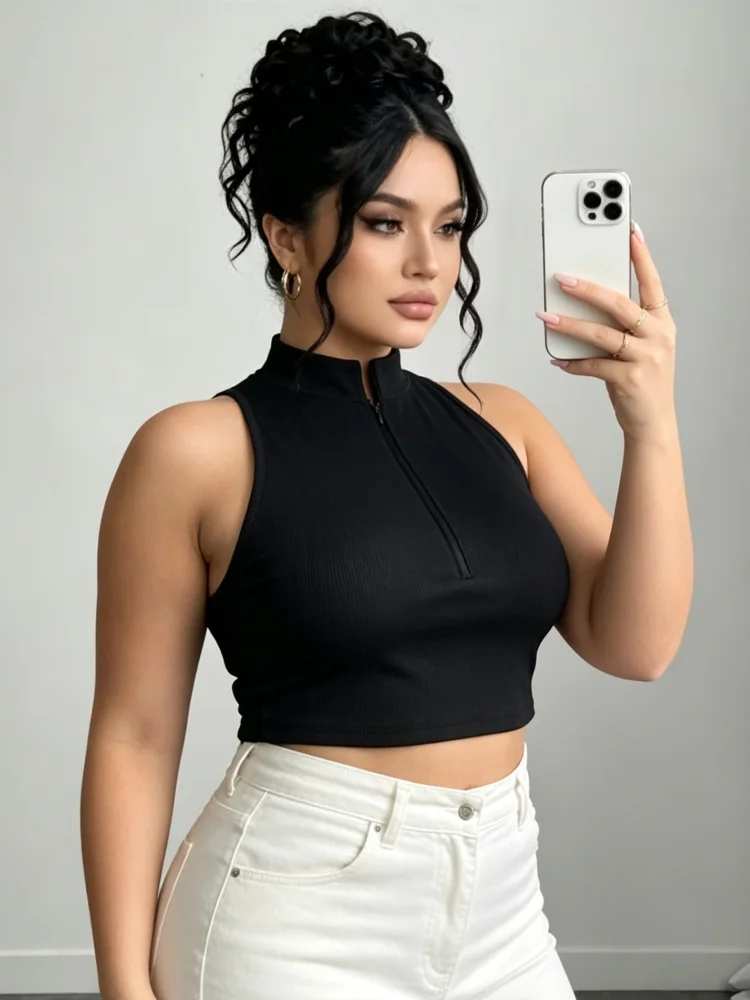 Plus Size Women Tank Top Halter Mock Neck Half Zip Ribbed Cropped Slim Fit Sleeveless Tops Summer Daily Casual Wear image 4