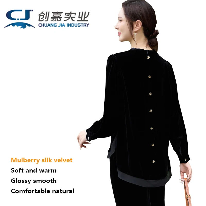 

Mulberry Silk Velvet Ladies' Shirt, Navy Blue Long-sleeved Round-neck Cardigan Top, Elegant, Soft Comfortable Casual Women Wear