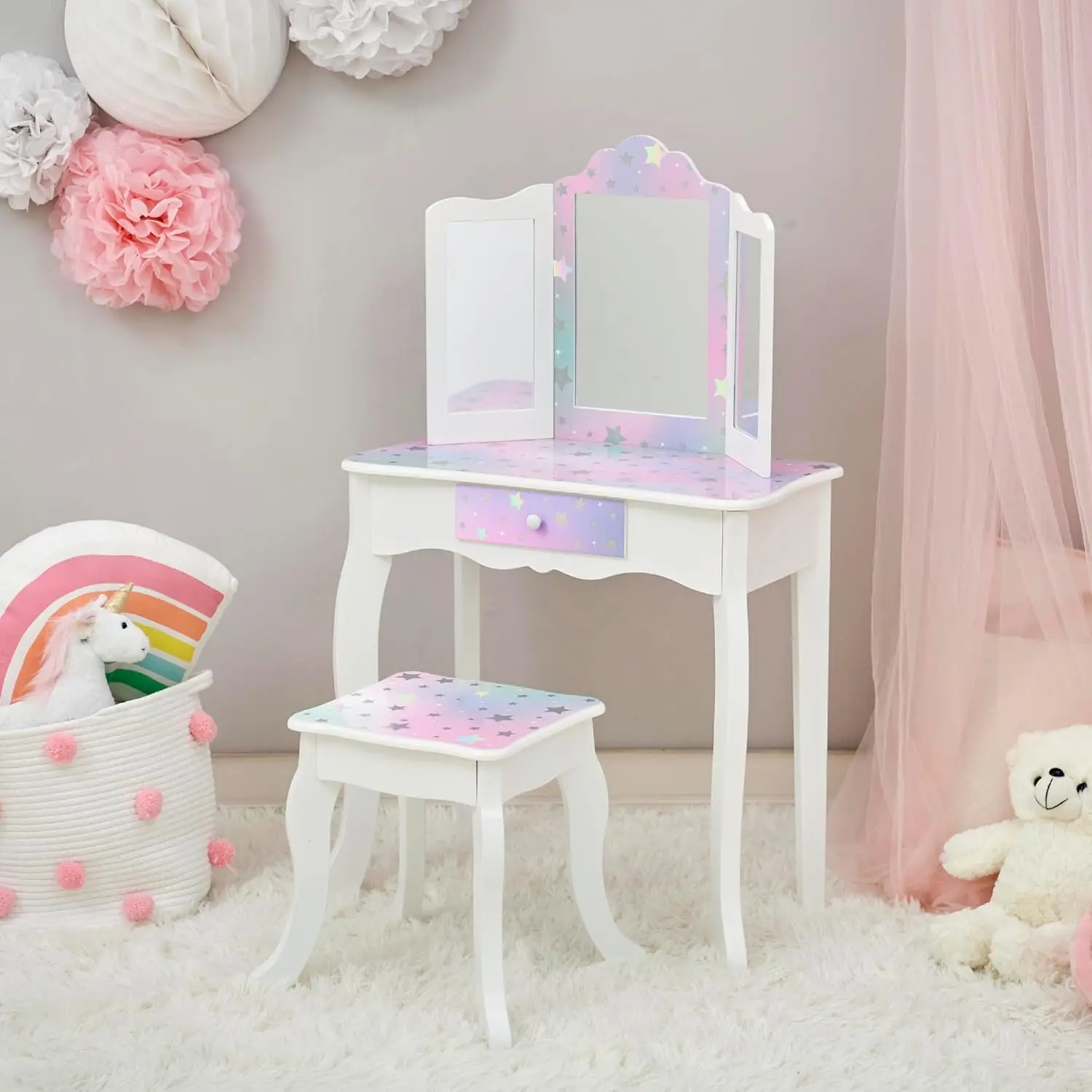 Kids Vanity Set with Mirror & Stool, Wooden Dressing Table for Girls, White Star Print