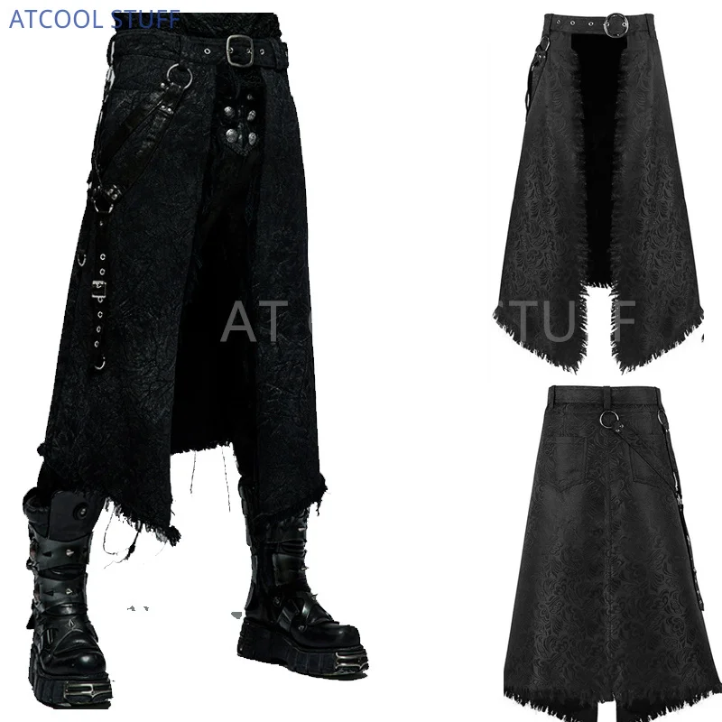 Medieval Gothic Men\'s Half Skirt Jacquard Steampunk Stylish Kilt Open Front Harujuku Burlesque Fringe Traditional Skirts