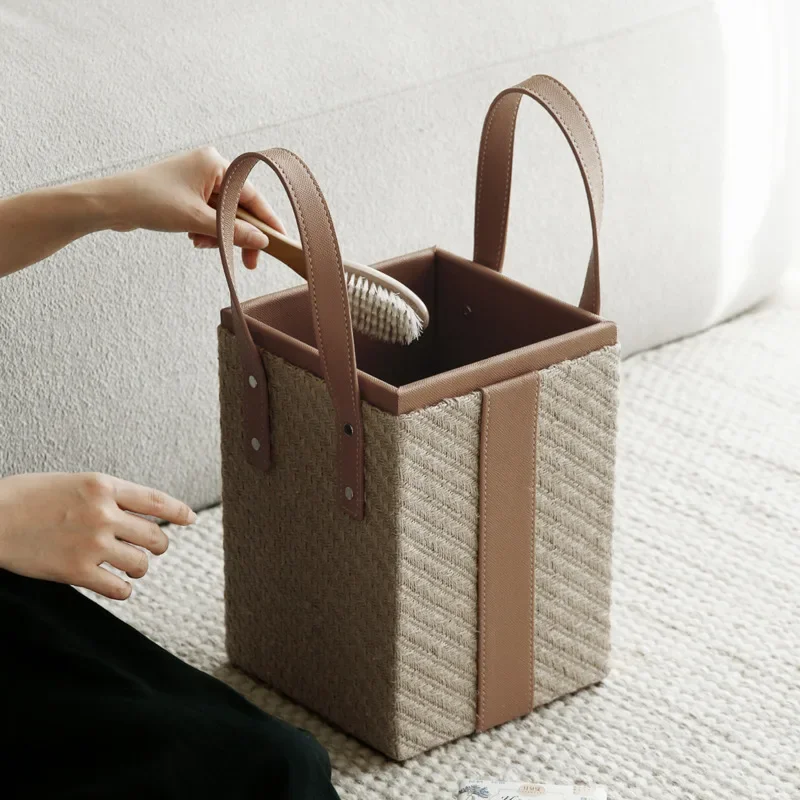 

Light Luxury Hand-woven Storage Basket Home Bathroom Dirty Laundry Basket High-grade Leather Toy Sundries Basket