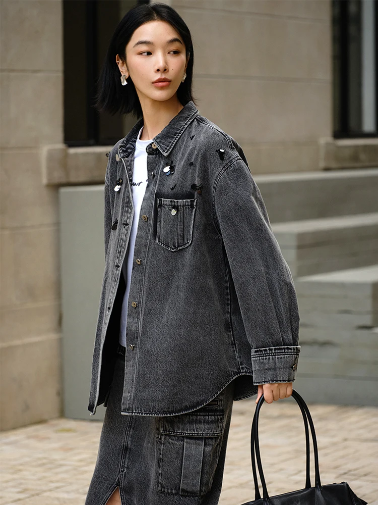 

Casual Loose Denim irt Women's Faion Waed Open Cardigan Sequin Spring Outerwear Comfortable Breathable Cotton Long Sve