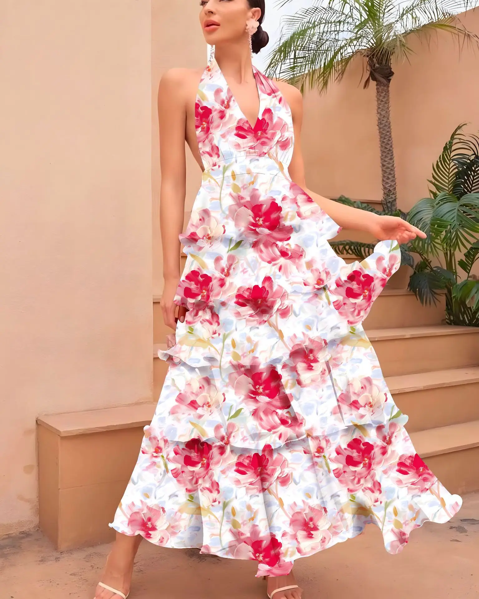 Bkld 2025 primavera novos vestidos longos femininos festa clubwear moda sexy com decote em v cinta multi camada impresso vestido sem mangas