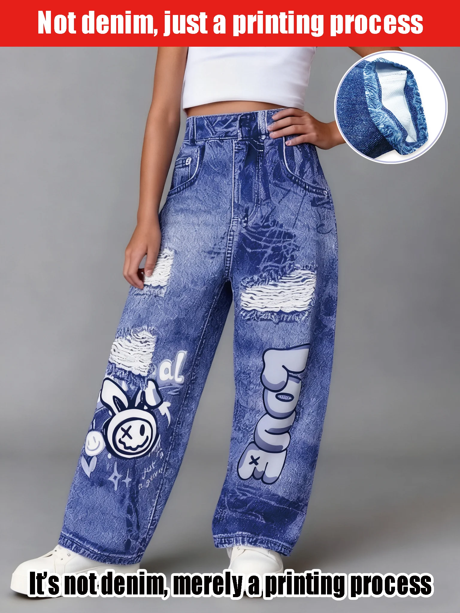 2025 Girls Fake Ripped Imitation Denim Wide-leg Pants - Cartoon Graffiti Print Fashion Street Style Imitation Denim Trousers