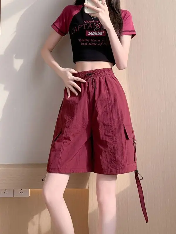 

Red American Workwear Short Pants Women Summer Thin High Waist Casual Wide Leg Quick Dry Sports Five-Point Pants