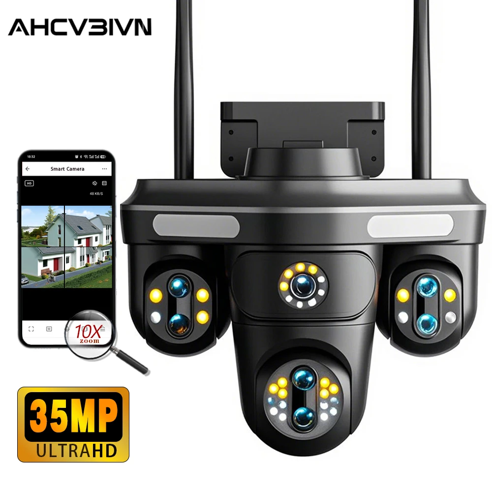 

35MP Ultra HD Seven Lens PTZ Security Outdoor WiFi CCTV Camera 10X Zoom 360° AI Auto Tracking Bomber-Shaped Four Screen