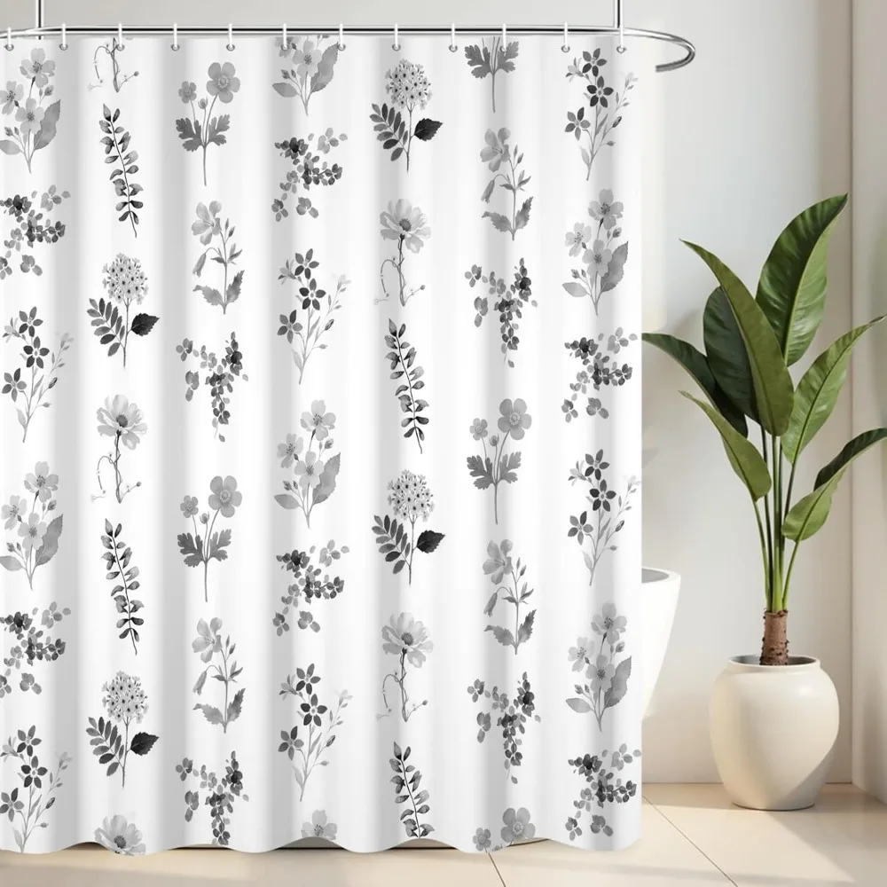 

Серая занавеска для душа с цветочным принтом для ванной комнаты, водонепроницаемая тканевая занавеска для душа с цветочным принтом, современная моющаяся ботаническая занавеска для душа