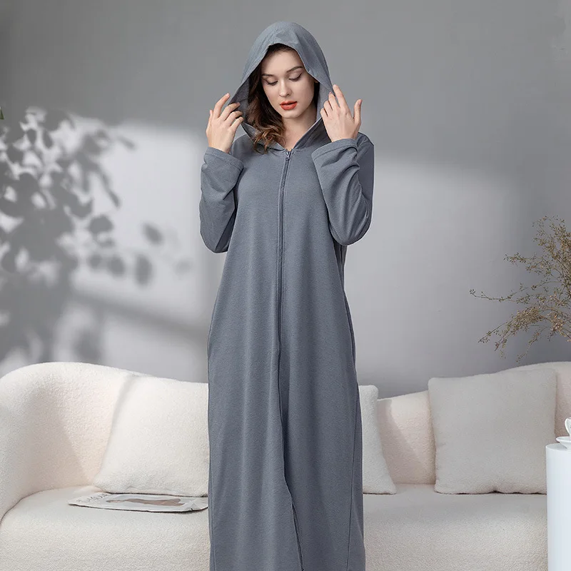 Autumn Solid Color Pyjamas Women Onesies Hooded  Jumpsuits Sleepwear Nighties Zipper Long Sleeve Romper Pajama Homewear