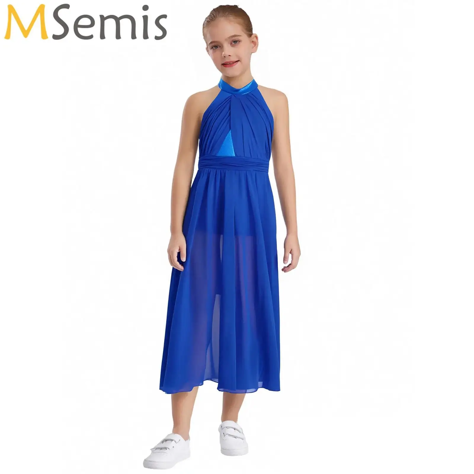 

Kids Girls Lyrical Dance Dress Ballet Modern Contemporary Performance Costume Sleeveless Metallic Bodice Split Leotard Dresses