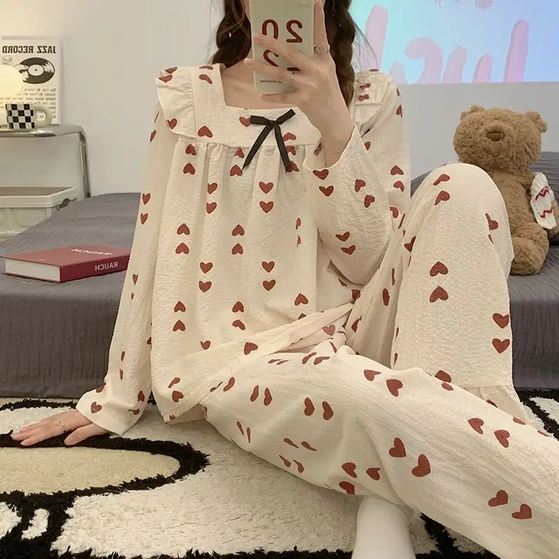 Heart Sleepwear Women Pajama Sets Korean Piiama Long Sleeve Pants Sets 2 Pieces Square Collar Night Wears Autumn Bow Home Suit