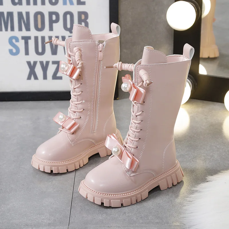 Girls Boots Autumn Winter Warm Plush Princess Long Boots Fashion Pearl Bow Leather Boots Soft Bottom Anti Slip Kids Shoes Pink