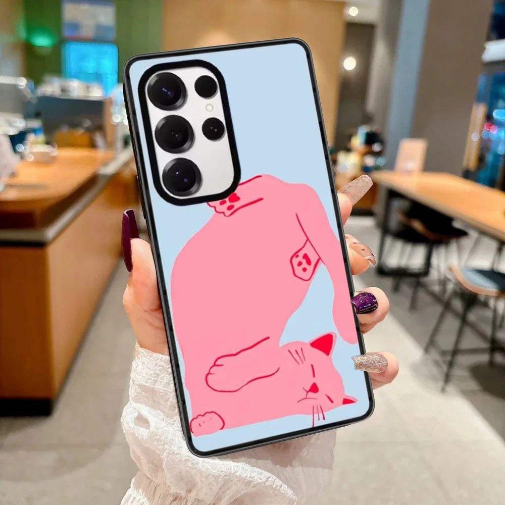 

Funny Pink Cartoon Cat Acrylic Black Border Case for Samsung Galaxy S26 S25 S24 S23 Ultra S26U S24 S25+ S26 Plus Protective Case