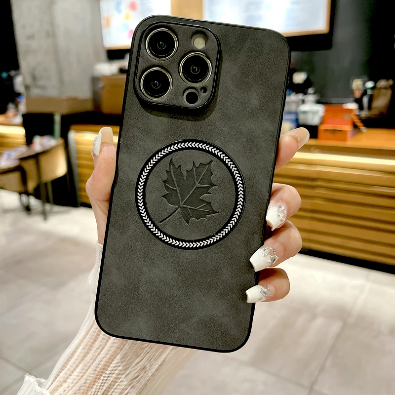 Retro Leather Maple Leaf Case For iPhone 16 15 14 13 12 11 Pro Max Plus iPhone15 iPhone14 16Pro ProMax For Magsafe Charge Covers