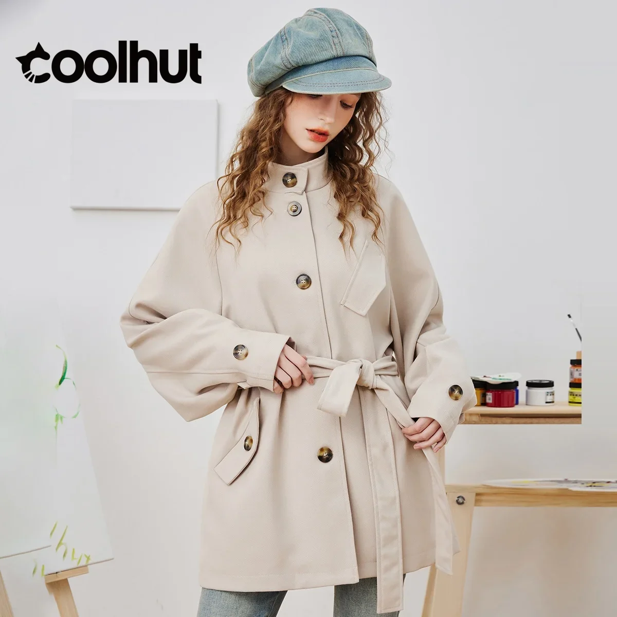 

COOLHUT женский классический офисный женский плащ 2025 года, длинный легкий с поясом, негабаритная осенняя повседневная верхняя одежда в деловом стиле