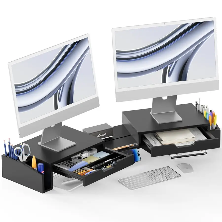 

Desk Dual Monitor Stand Riser with PullOut Drawers, Black