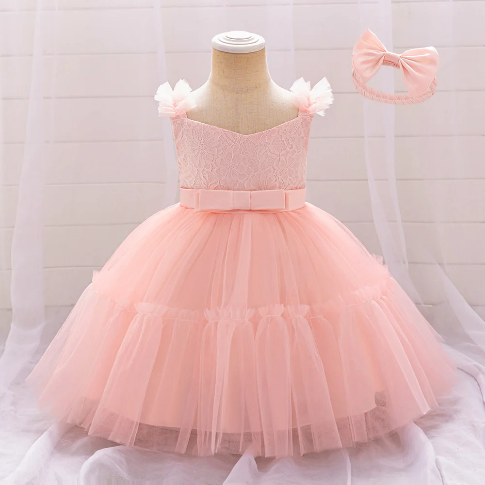 Toddler 1st Birthday Baby Girl Party Dress Elegant Flower Lace Wedding Princess Prom Dresses For Girl Bow Pink Bridemaid Costume