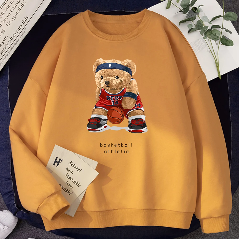 Casualpullovers For Women No Best14 Teddy Bear Basketball Athletic Print Hoodies Loose Crewneck Sweatshirts Warm Fleece Tops