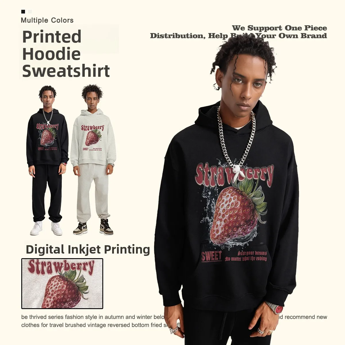 

Men's American Retro Stberry Print Loose Heavyweight Hoodie Sweatirt Winter Thiened Cotton Fabric No Brand
