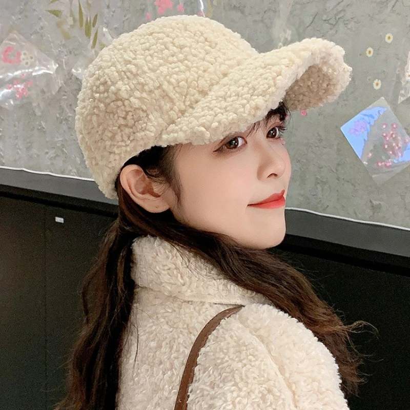 Lamb Wool Cap Women Baseball Cap Autumn Winter Warm Hat Lady Girls Outdoor Warm Winter Spring Plush Fuzzy Men Caps Hat